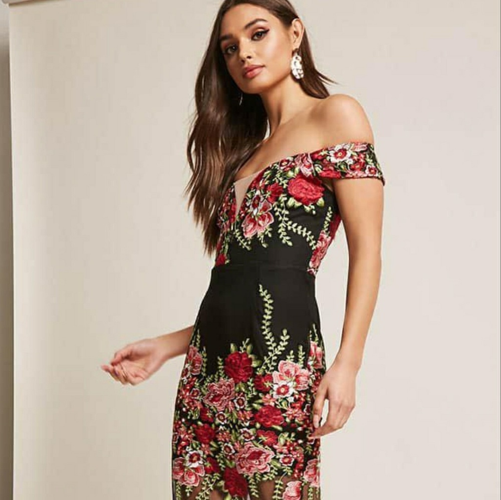 Forever 21 black mesh see thru pink flower dress